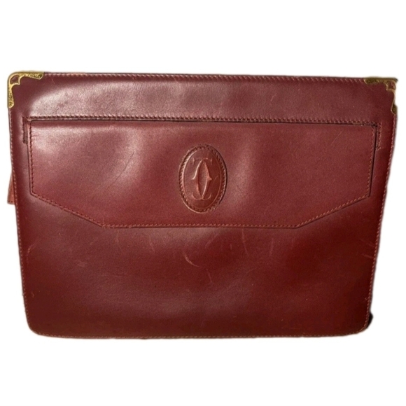 Cartier Handbags - Cartier Signature (Unisex) Red Color Vintage Bordeaux Leather Clutch Bag (GUC)